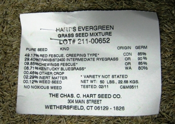 Typical layout of a grass seed label. Note that only one cultivar- Transition 2400 variety of ryegrass, is listed. The other seed varieties are not identified as to which cultivar they are.