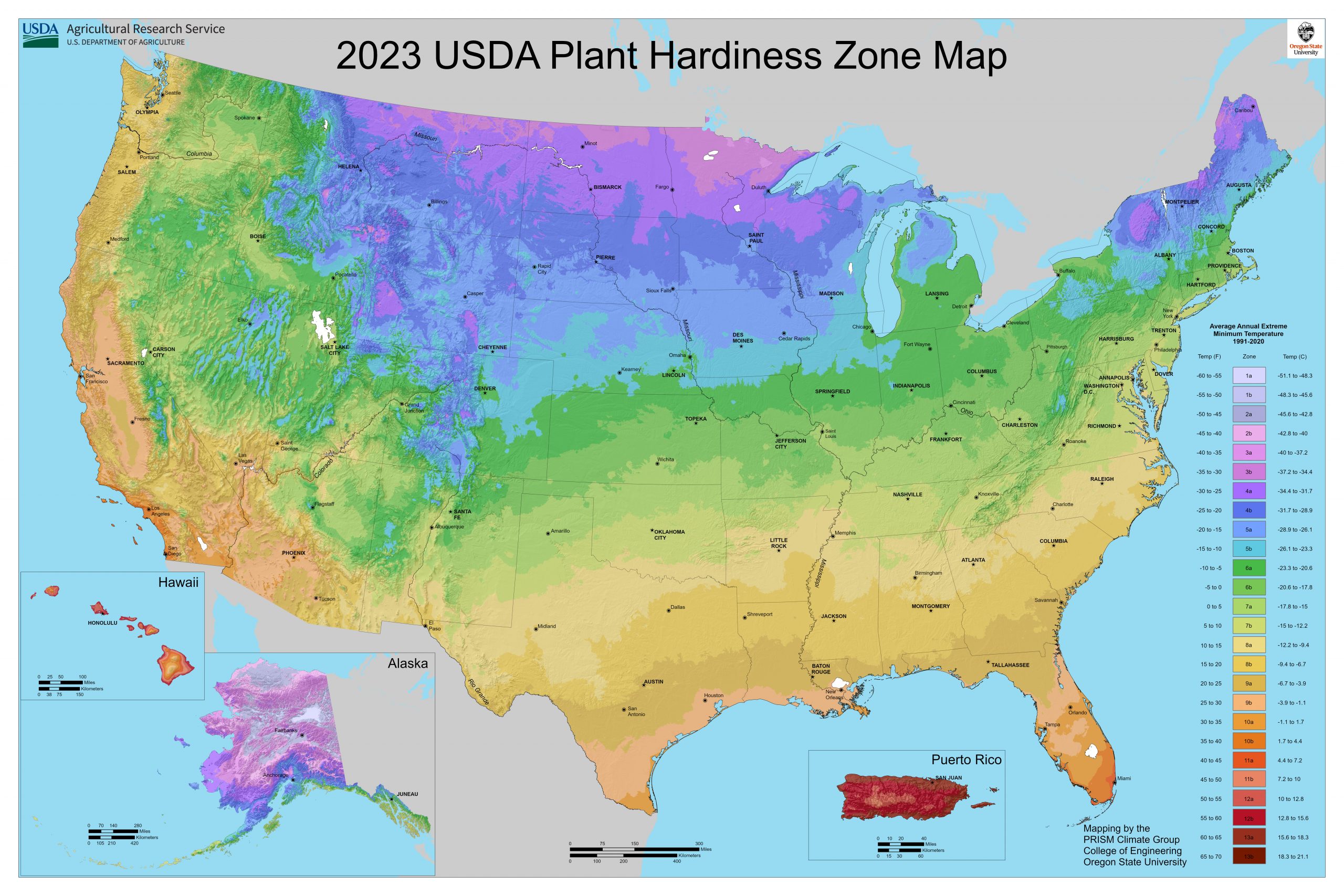 A map of the united states color coded to display the USDA Hardiness zones across the country as of 2023. Lower numbered zones are colder and each increment is based on 5 degrees Farenheit.