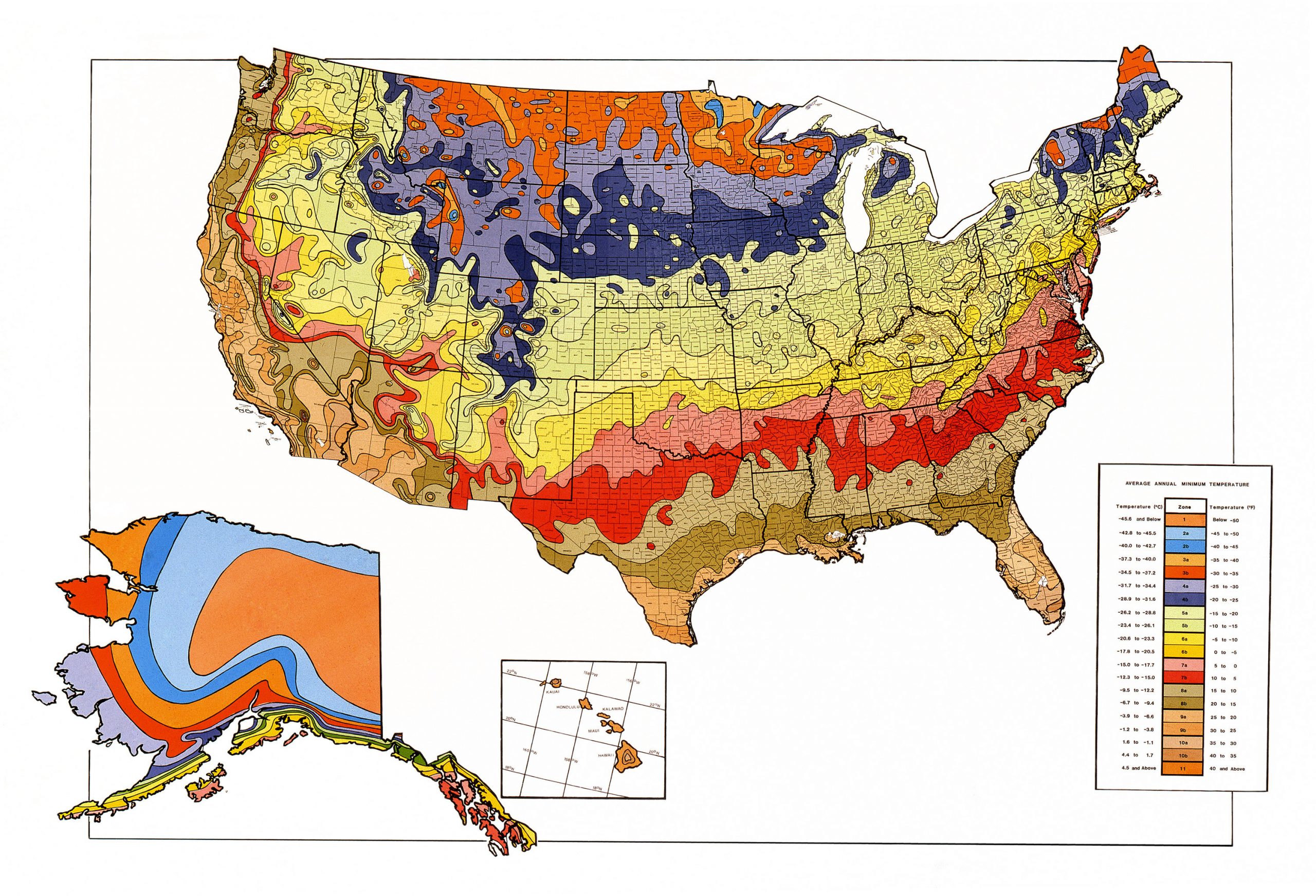 A map of the united states color coded to display the USDA Hardiness zones across the country as of 1990. Lower numbered zones are colder and each increment is based on 5 degrees Farenheit.