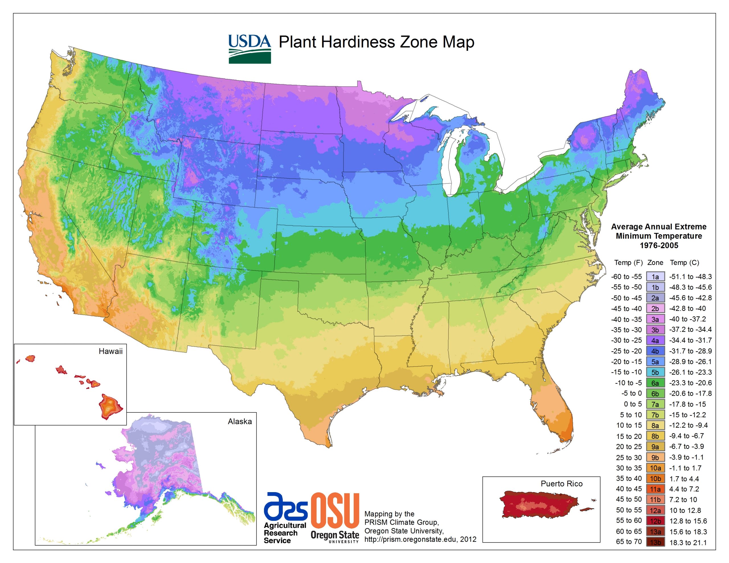 A map of the united states color coded to display the USDA Hardiness zones across the country as of 2012. Lower numbered zones are colder and each increment is based on 5 degrees Farenheit.